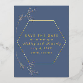 Dusty Blue mit Goldfolie Save the Date Postcard Folie Einladungspostkarte