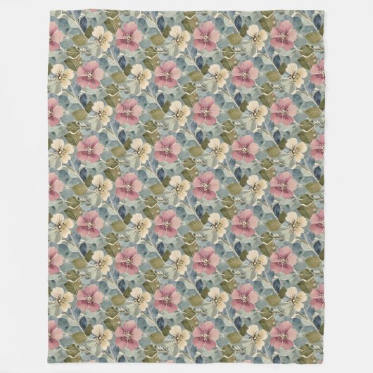 Dusty Blue mit Mauve und White Blume Fleecedecke (Vorderseite)