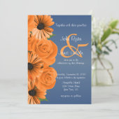 Dusty Blue mit Orange Rose & Daisy Einladung (Stehend Vorderseite)