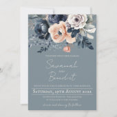 Dusty Blue mit Peach und Navy Wasserfarbe Floral Einladung (Vorderseite)