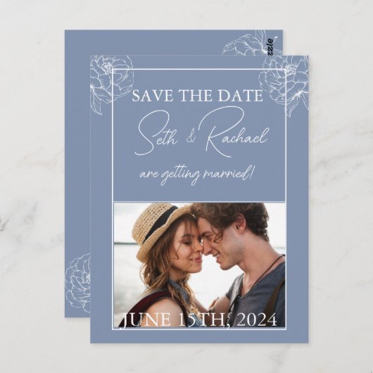 Dusty Blue mit weißem Blumendesign Postkarte (Vorne/Hinten)