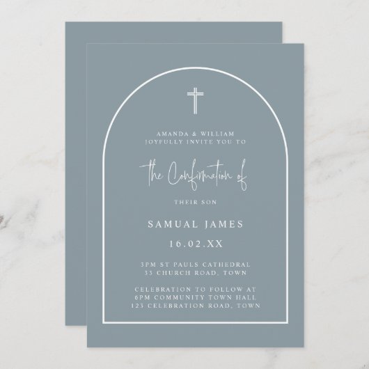 Dusty Blue Modern Arch Script Minimal Bestätigung Einladung (Vorne/Hinten)