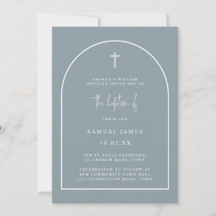 Dusty Blue Modern Arch Script Minimalistische Tauf Einladung