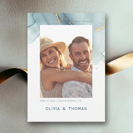 Dusty Blue Modern Beach Wedding Foto Rett Date Einladung