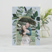 Dusty Blue Modern Botanical Greenery Foto Hochzeit Dankeskarte (Stehend Vorderseite)