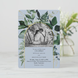 Dusty blue Modern Botanical Greenery Foto Hochzeit Einladung
