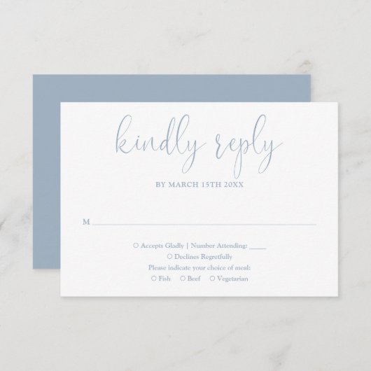 Dusty Blue Modern Chic Elegante Script Wedding RSVP Karte (Vorne/Hinten)