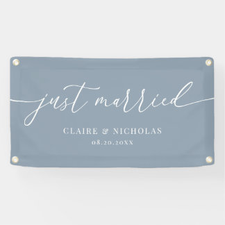Dusty Blue Modern Elegant Just Married Wedding Car Banner