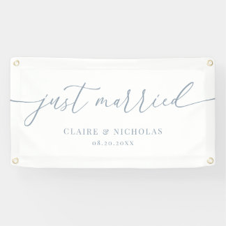 Dusty Blue Modern Elegant Just Married Wedding Car Banner
