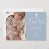 Dusty Blue Modern Elegant Script Taufe Dankeskarte (Vorderseite)