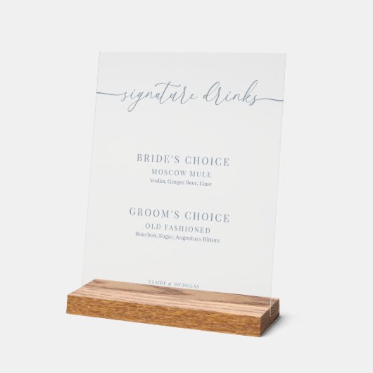 Dusty Blue Modern Elegant Wedding Signature Drinks Acrylschild (Winkel)