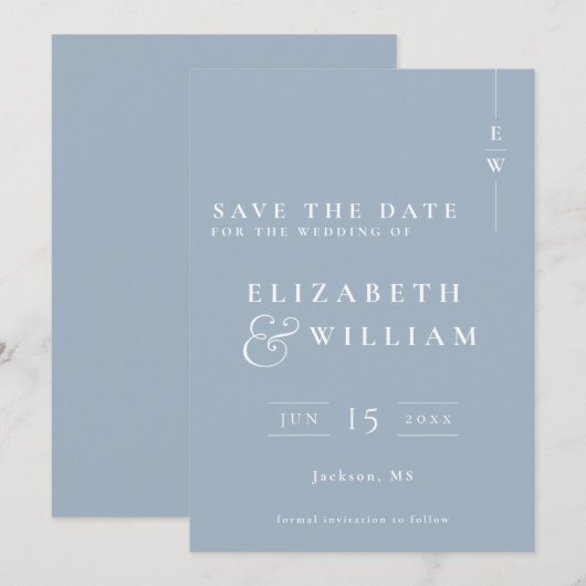 Dusty Blue Modern Elegante Monogram Wedding Save The Date (Vorne/Hinten)