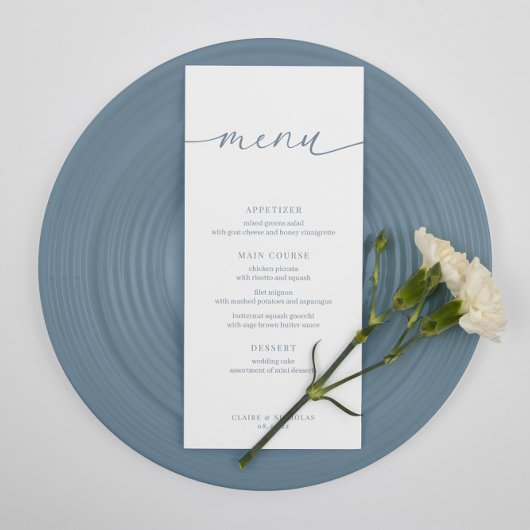 Dusty Blue Modern Elegante Wedding Empfang Menu Menükarte