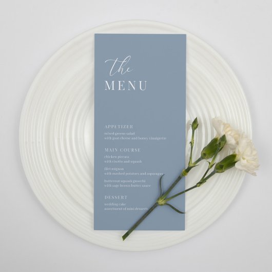 Dusty Blue Modern Elegante Wedding Empfang Menu Menükarte