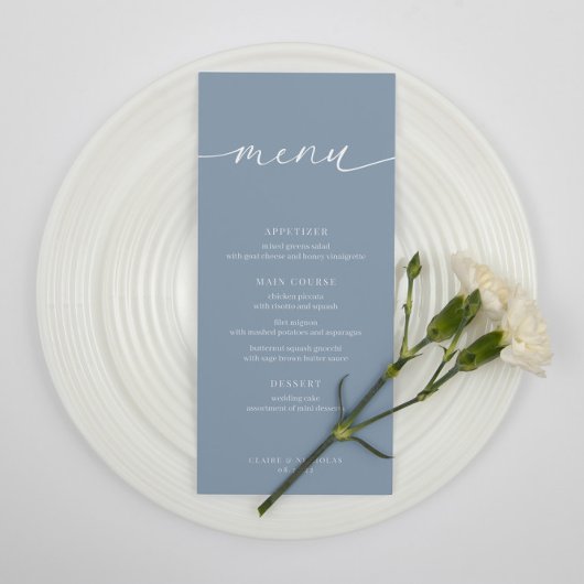 Dusty Blue Modern Elegante Wedding Empfang Menu Menükarte