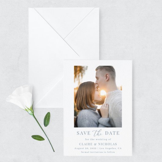 Dusty Blue Modern Elegantes Hochzeitssemble Foto Save The Date