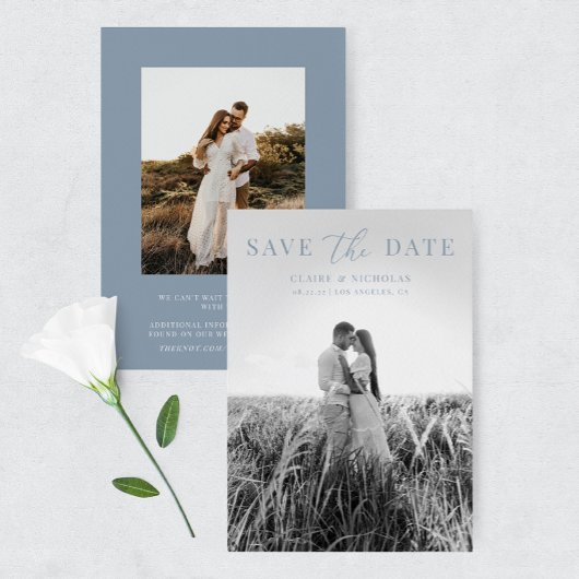 Dusty Blue Modern Elegantes Hochzeitssemble Foto Save The Date