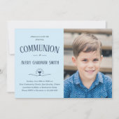 Dusty Blue Modern First Heilige Kommunion Junge Fo Einladung (Vorderseite)