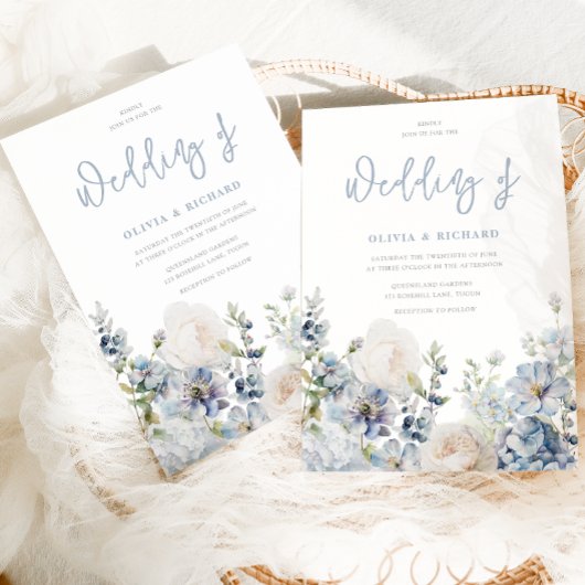 Dusty Blue Modern Floral All Seasons Wedding Einladung