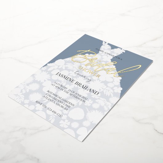 Dusty Blue Modern Floral Gown Brautparty Gold Folieneinladung (Gedreht)