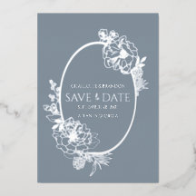 Dusty Blue Modern Floral Sketch Oval Save the Date