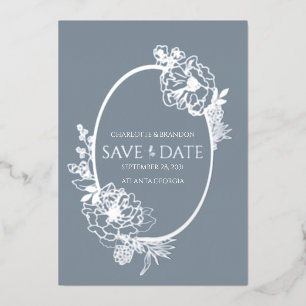 Dusty Blue Modern Floral Sketch Oval Save the Date Folieneinladung