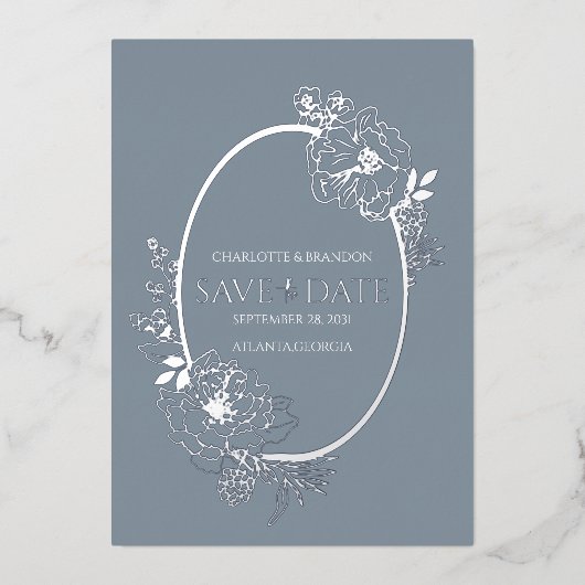 Dusty Blue Modern Floral Sketch Oval Save the Date Folieneinladung (Vorderseite)