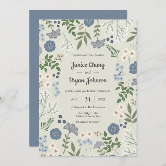 Dusty Blue Modern Floral Wedding Einladung (Vorne/Hinten)