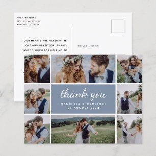 Dusty Blue Modern Foto Collage Wedding Vielen Dank Postkarte