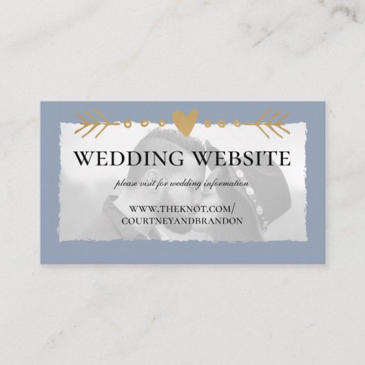 Dusty Blue Modern Foto Gold Heart Wedding Website Begleitkarte (Vorderseite)