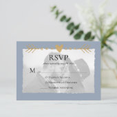 Dusty Blue Modern Foto Gold Hearts RSVP Karte (Stehend Vorderseite)
