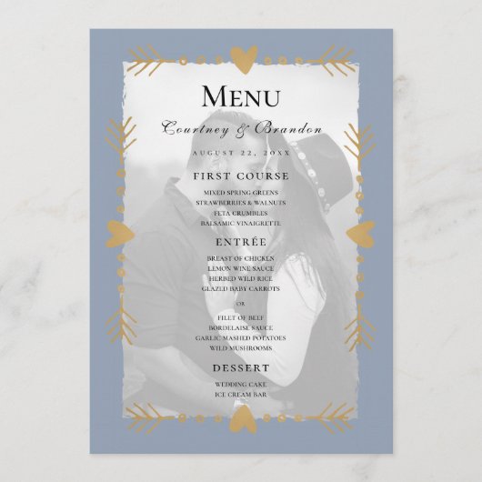 Dusty Blue Modern Foto Gold Hearts Wedding Menu Menükarte (Vorderseite)