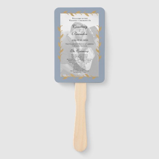 Dusty Blue Modern Foto Gold Leaf Wedding Program Fächer (Vorderseite)