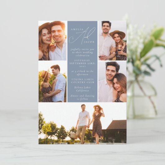 Dusty Blue Modern Foto QR Code Alles in einer Hoch Einladung (Stehend Vorderseite)