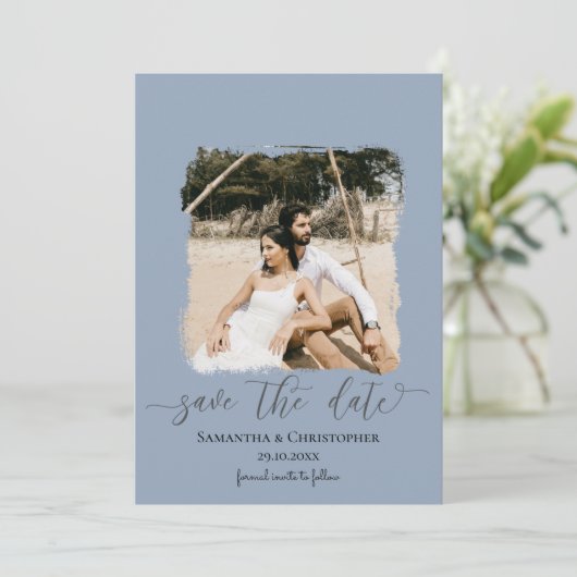 Dusty Blue Modern Foto Save the Date (Stehend Vorderseite)