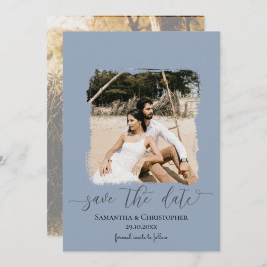 Dusty Blue Modern Foto Save the Date (Vorne/Hinten)