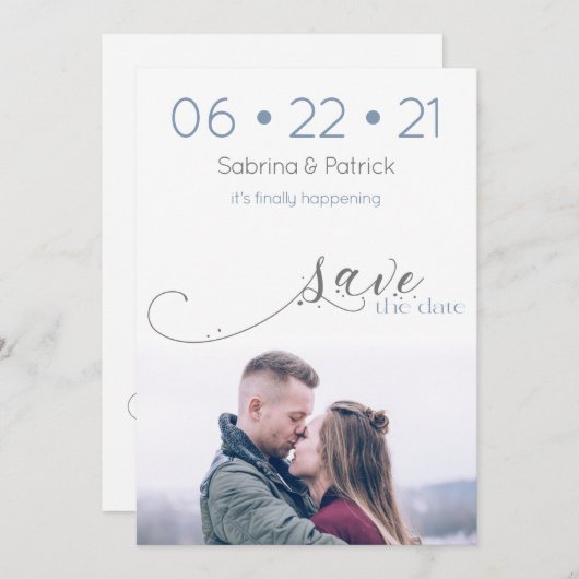 Dusty Blue Modern Foto Save the Date Einladung (Vorne/Hinten)