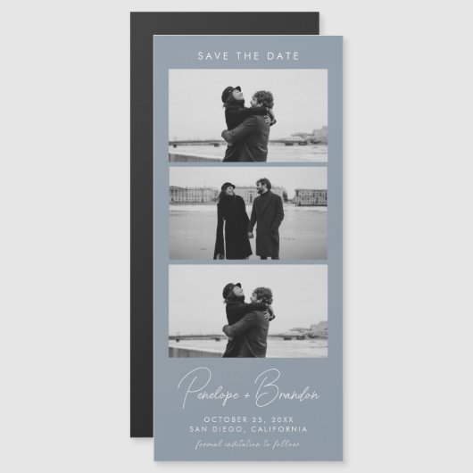 Dusty Blue Modern Foto Strip Magnetic Wedding Magnetkarte (Vorne/Hinten)