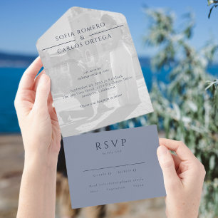 Dusty Blue Modern Foto Wedding All In One Einladung