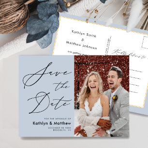 Dusty Blue Modern Foto Wedding Save the Date Ankündigungspostkarte