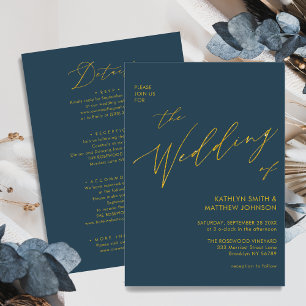 Dusty Blue Modern Gold Script in einer Hochzeit Einladung