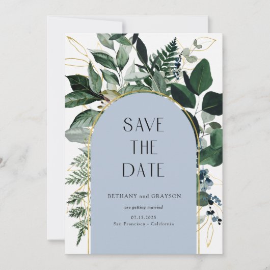 Dusty Blue, Modern Greenery botanische Blätter QR Save The Date (Vorderseite)