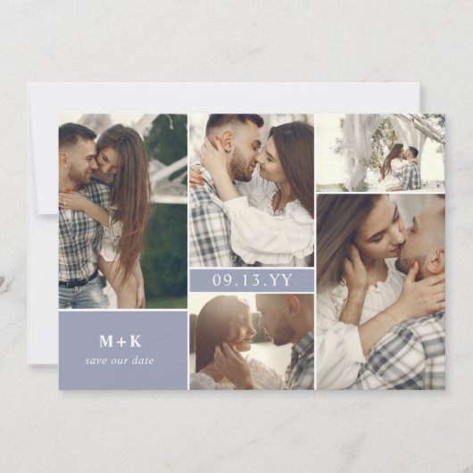 Dusty Blue Modern Initials & Fotos Save the Date (Vorderseite)