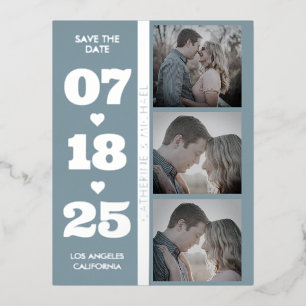 Dusty Blue Modern Minimalistisch Bold Date Drei Fo Folien Feiertagspostkarte