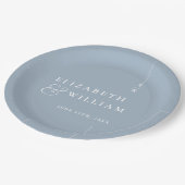Dusty Blue Modern Minimalistisch Monogram Wedding Pappteller (Schrägansicht)