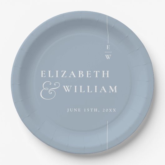 Dusty Blue Modern Minimalistisch Monogram Wedding Pappteller (Vorderseite)