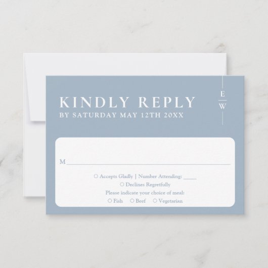 Dusty Blue Modern Minimalistisch Monogram Wedding RSVP Karte (Vorderseite)