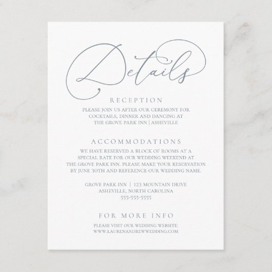 Dusty Blue Modern Minimalistische Hochzeitdetails Begleitkarte (Vorderseite)