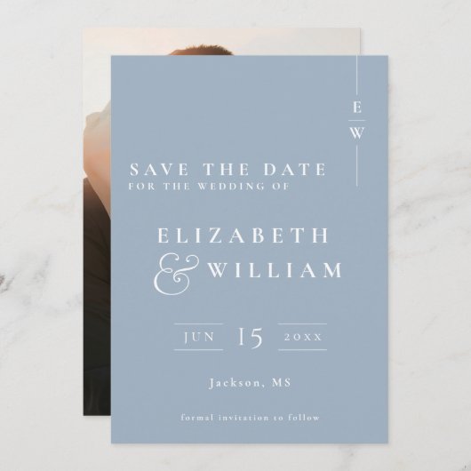 Dusty Blue Modern Monogram Foto Wedding Save The Date (Vorne/Hinten)