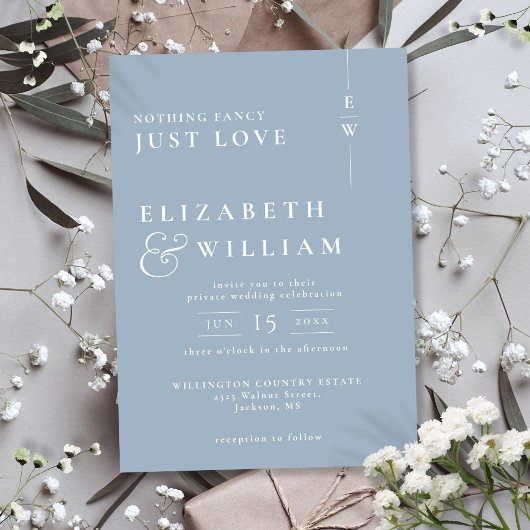 Dusty Blue Modern Monogram Intimate Wedding Einladung
